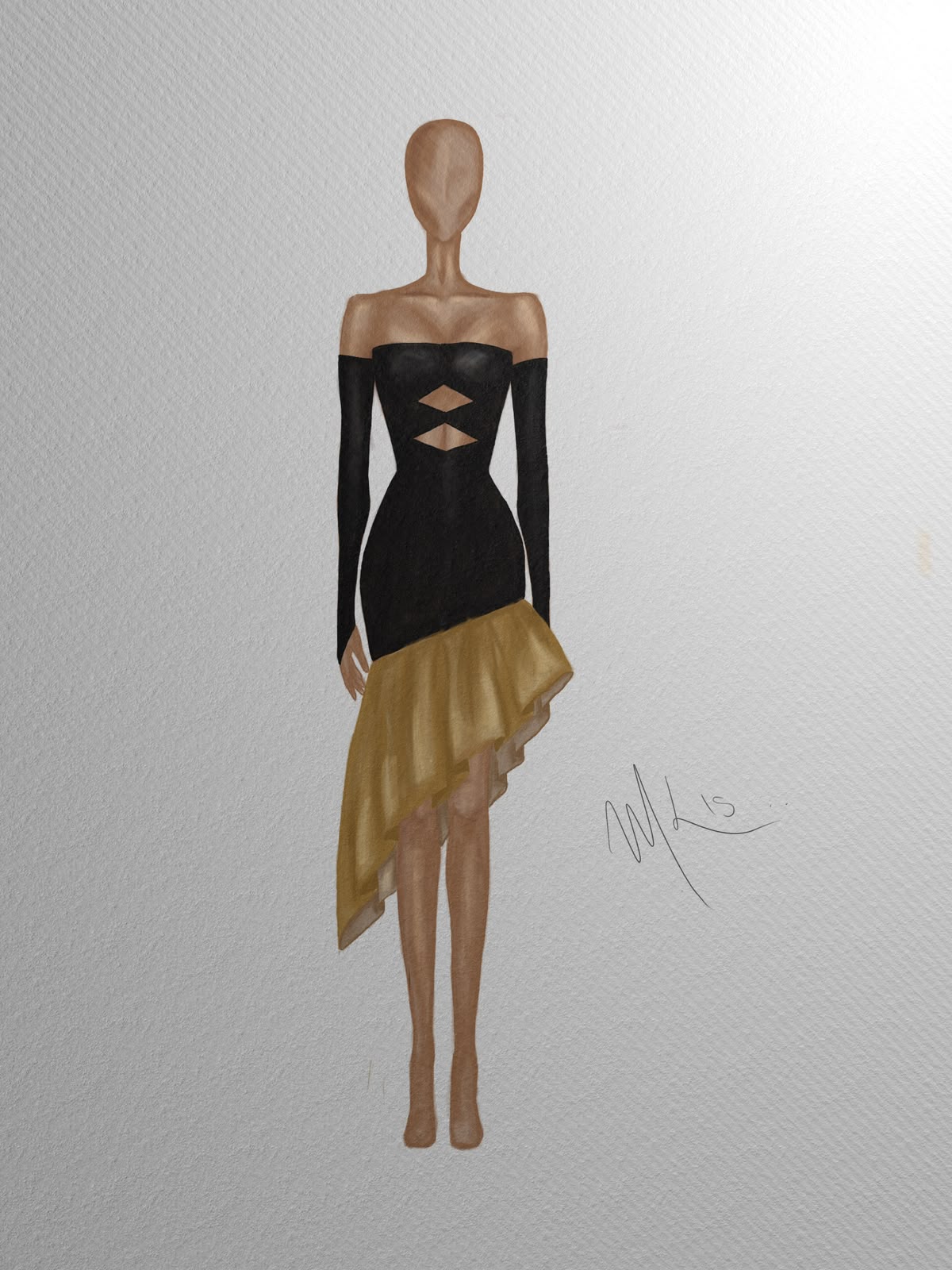 Croqui de vestido preto com luvas longas e babado dourado