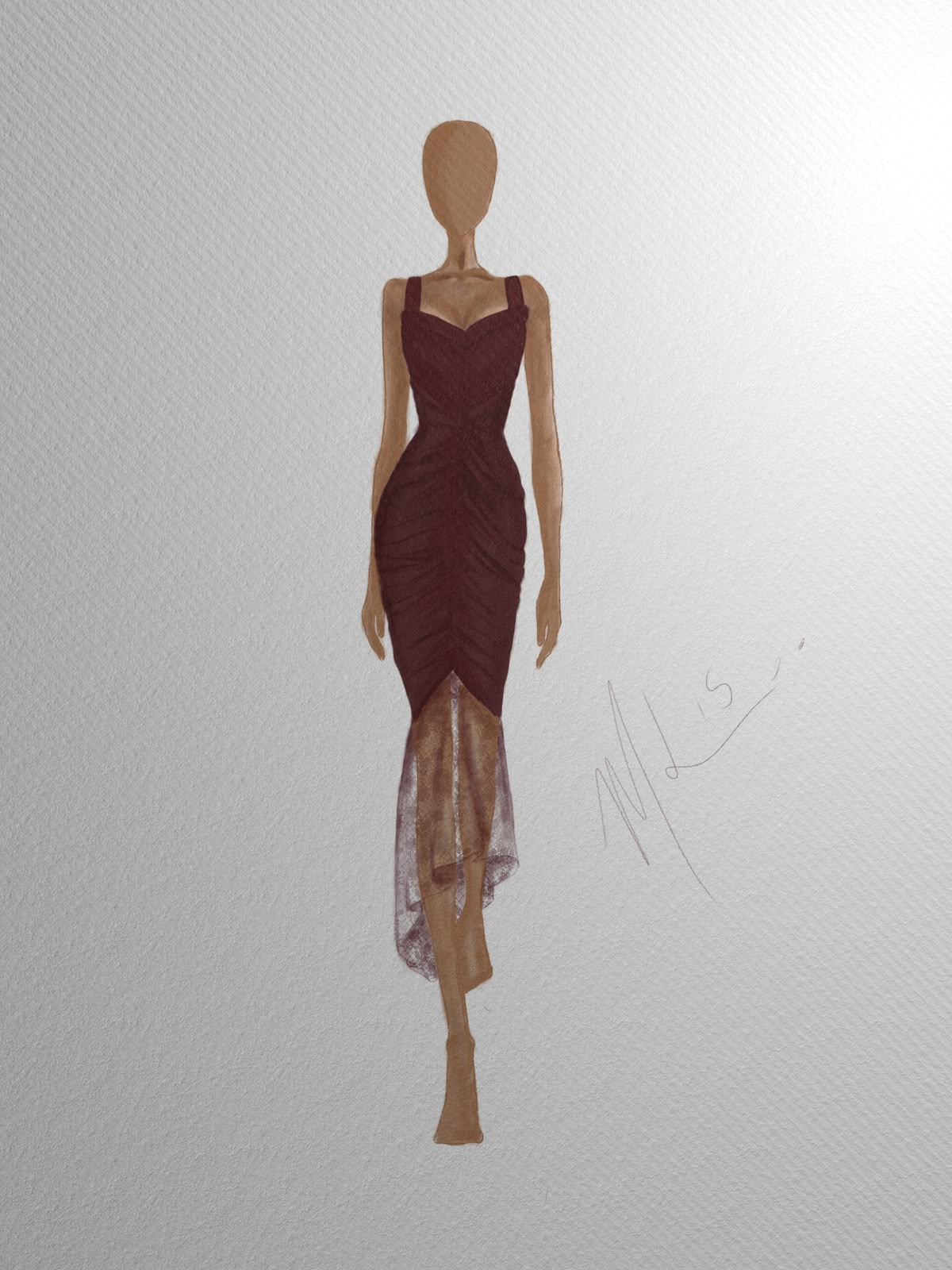 Croqui de vestido midi vinho drapeado com cauda em tule caramelo